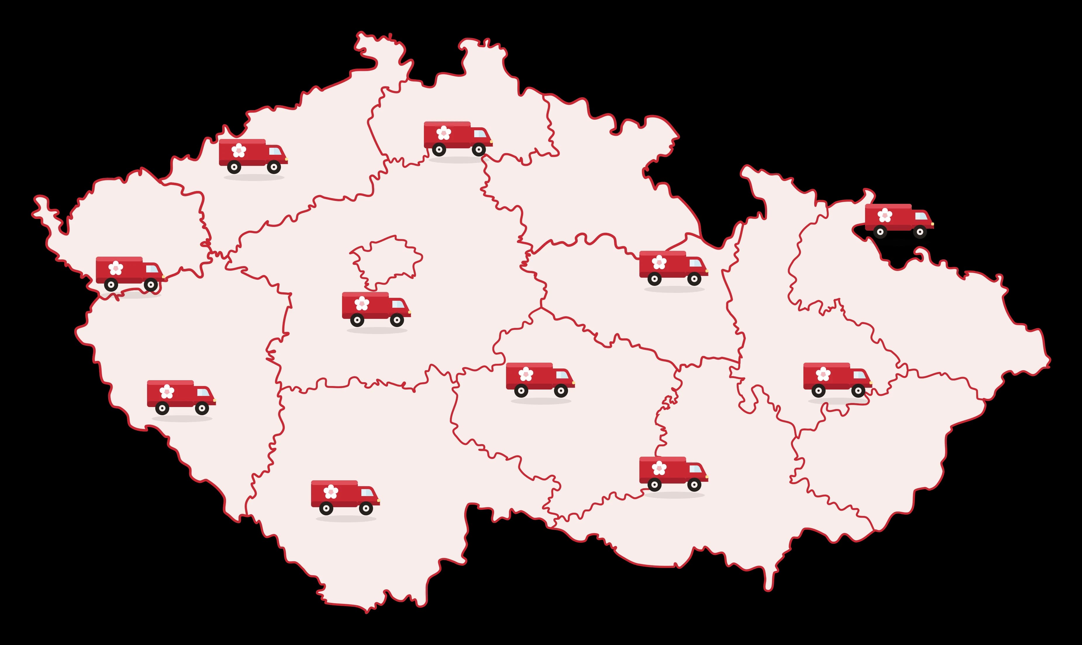 Mapa České republiky rozdělená na kraje — rozvoz Florea po celé ČR