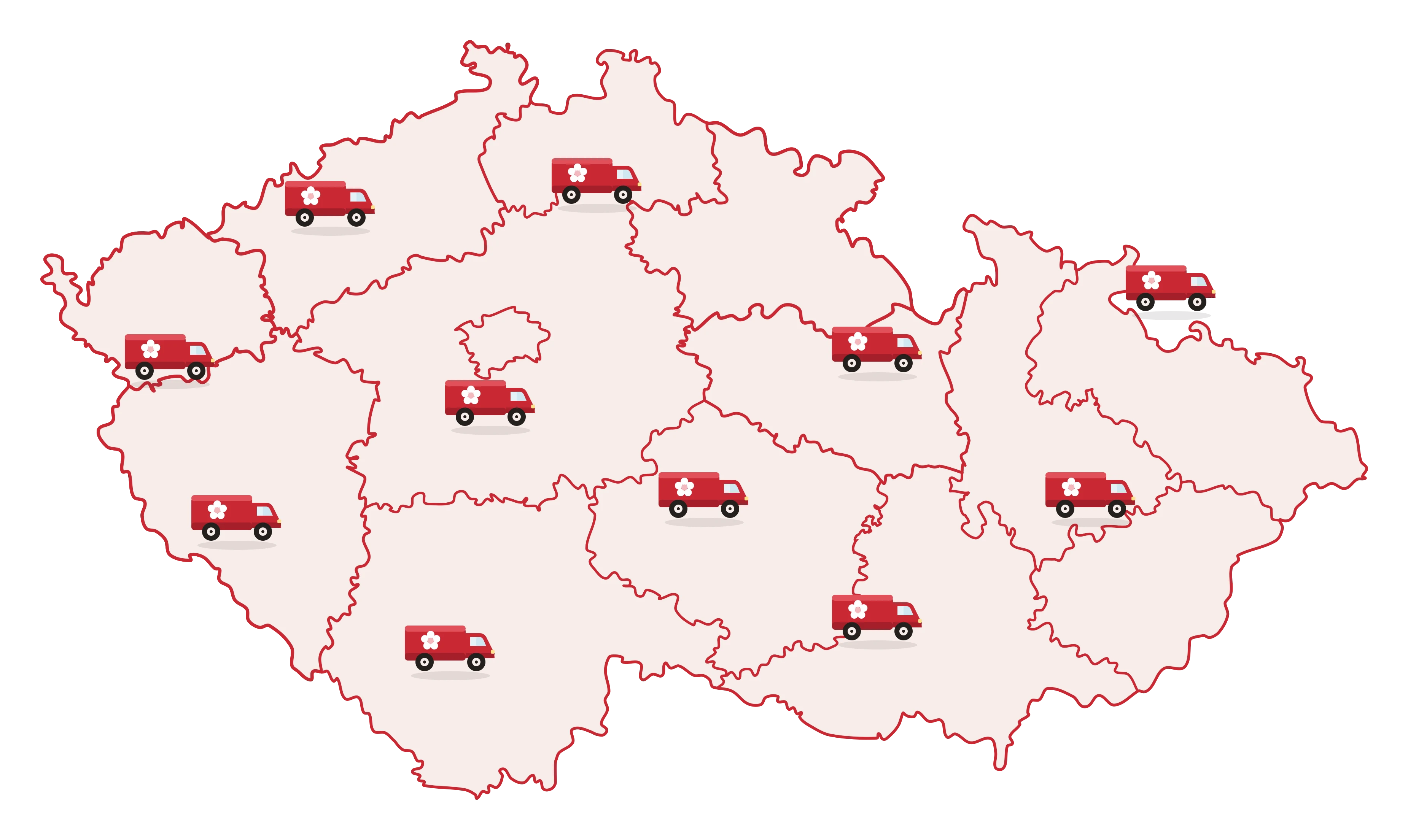 Mapa České republiky rozdělená na kraje — rozvoz Florea po celé ČR